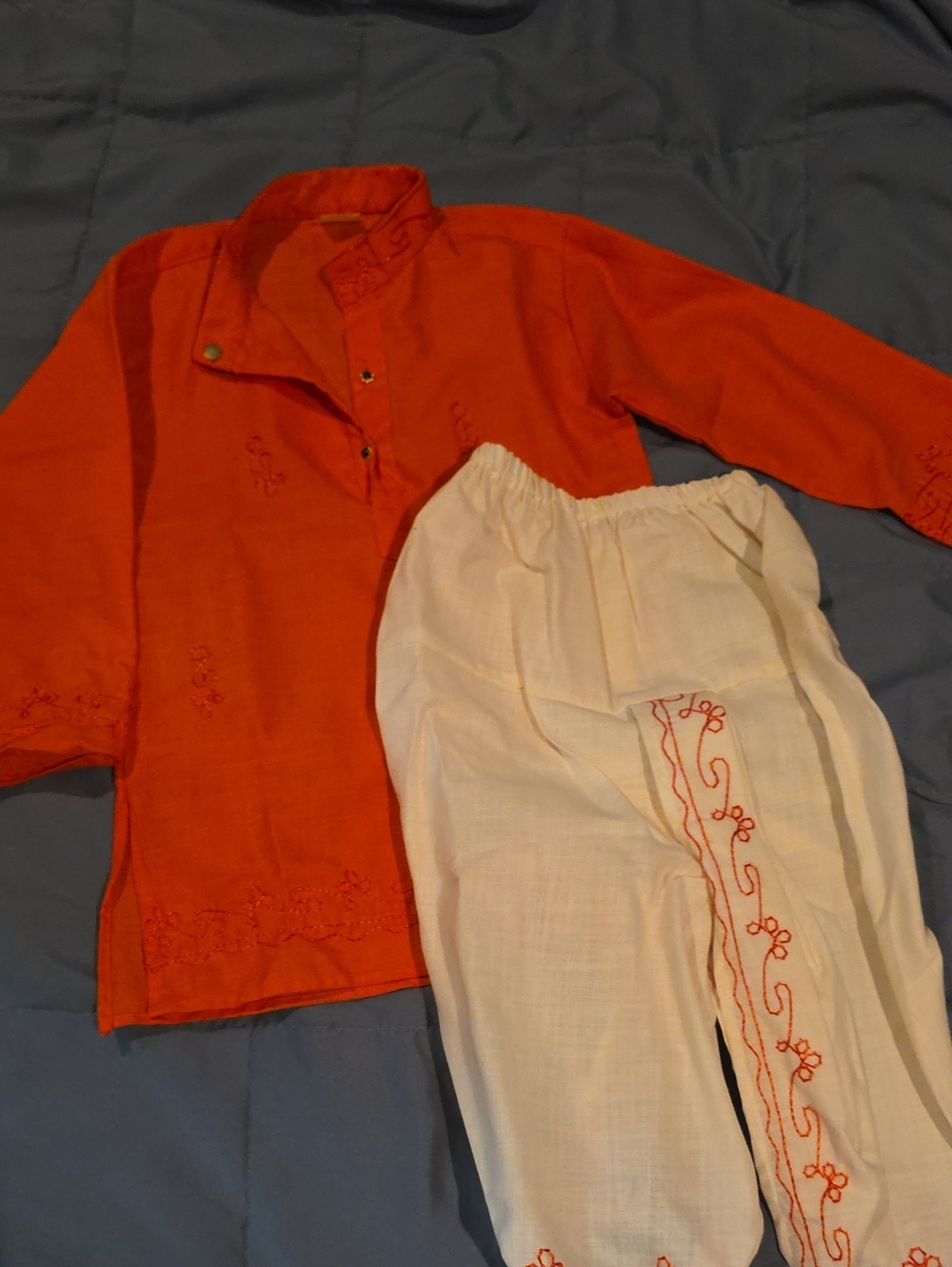 Embroidered Orange Top & Cream Pants Set.
